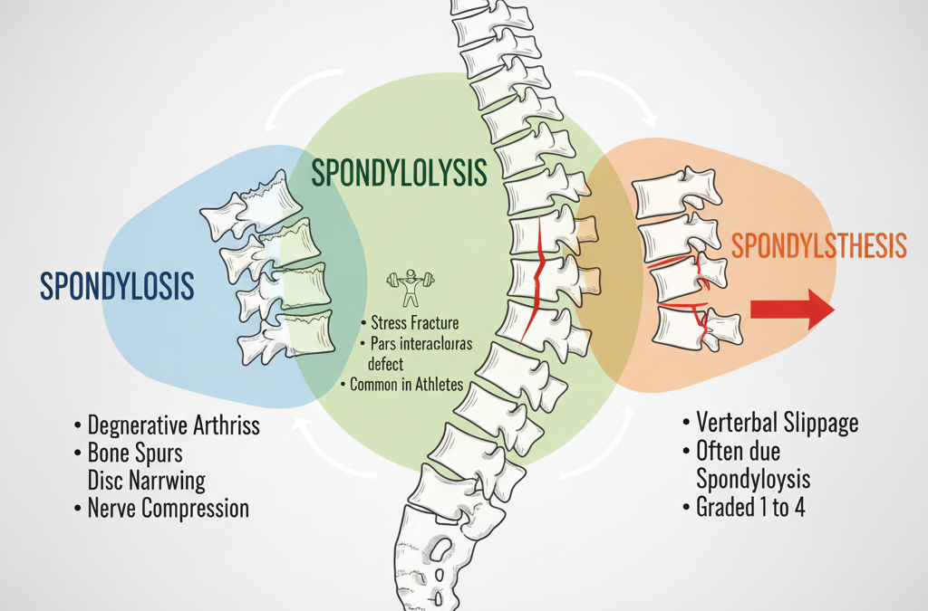 Spondylosis vs Spondylolysis, and spondylolisthesis